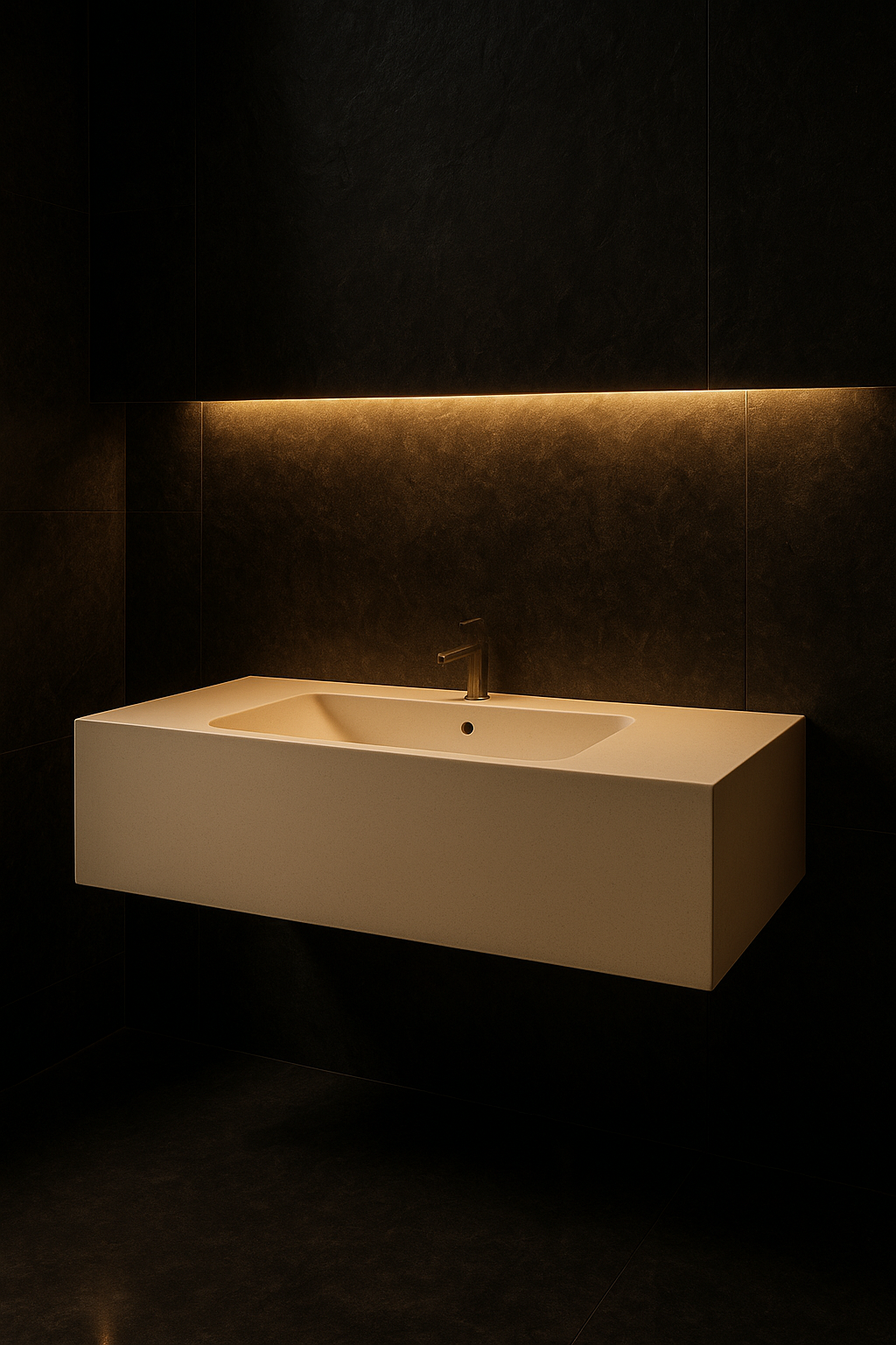 Selene — Single-Basin Floating Vanity in a dark luxury setting