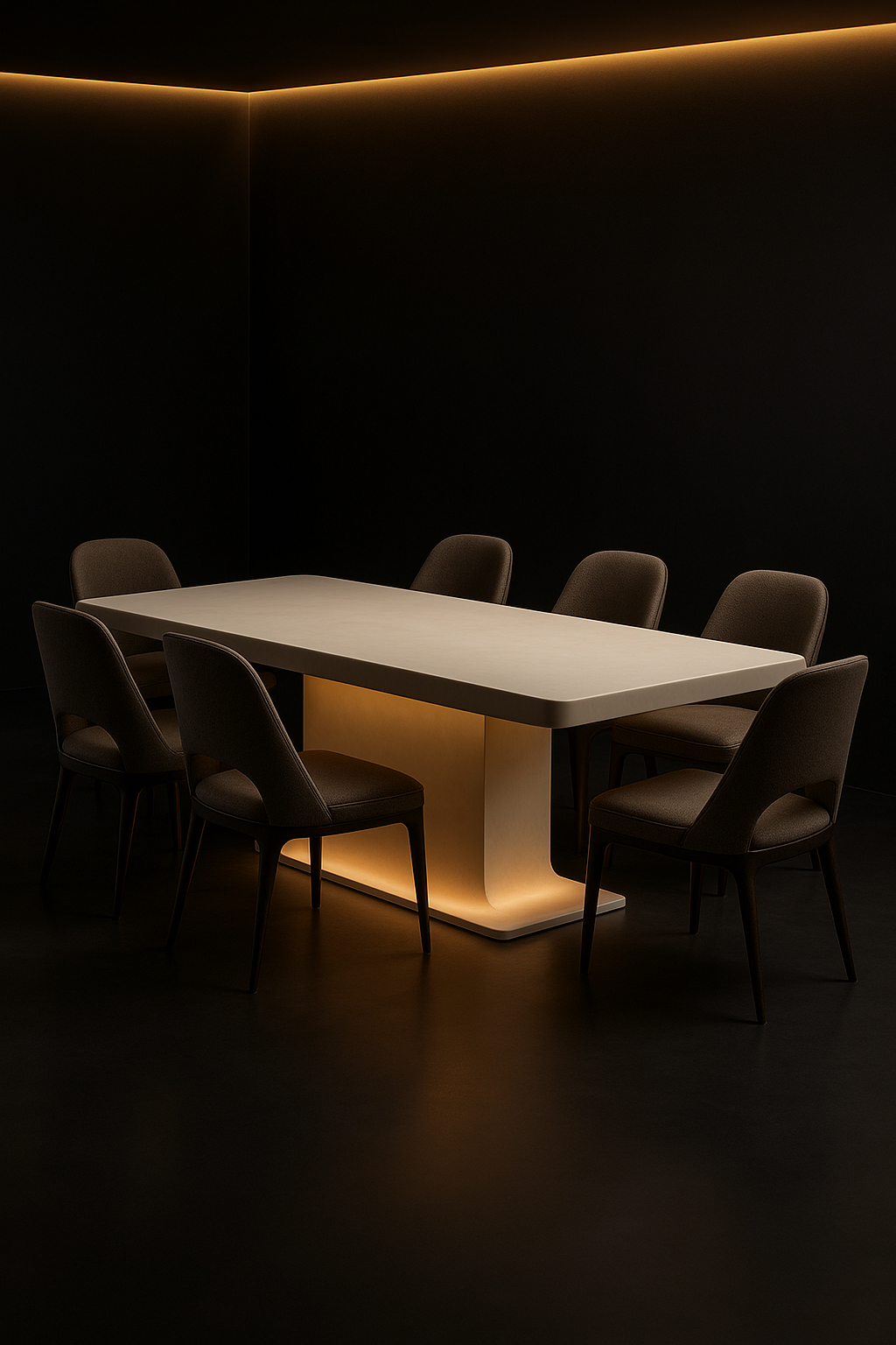 Selene — Rectangular Corian Dining Table in a dark luxury setting