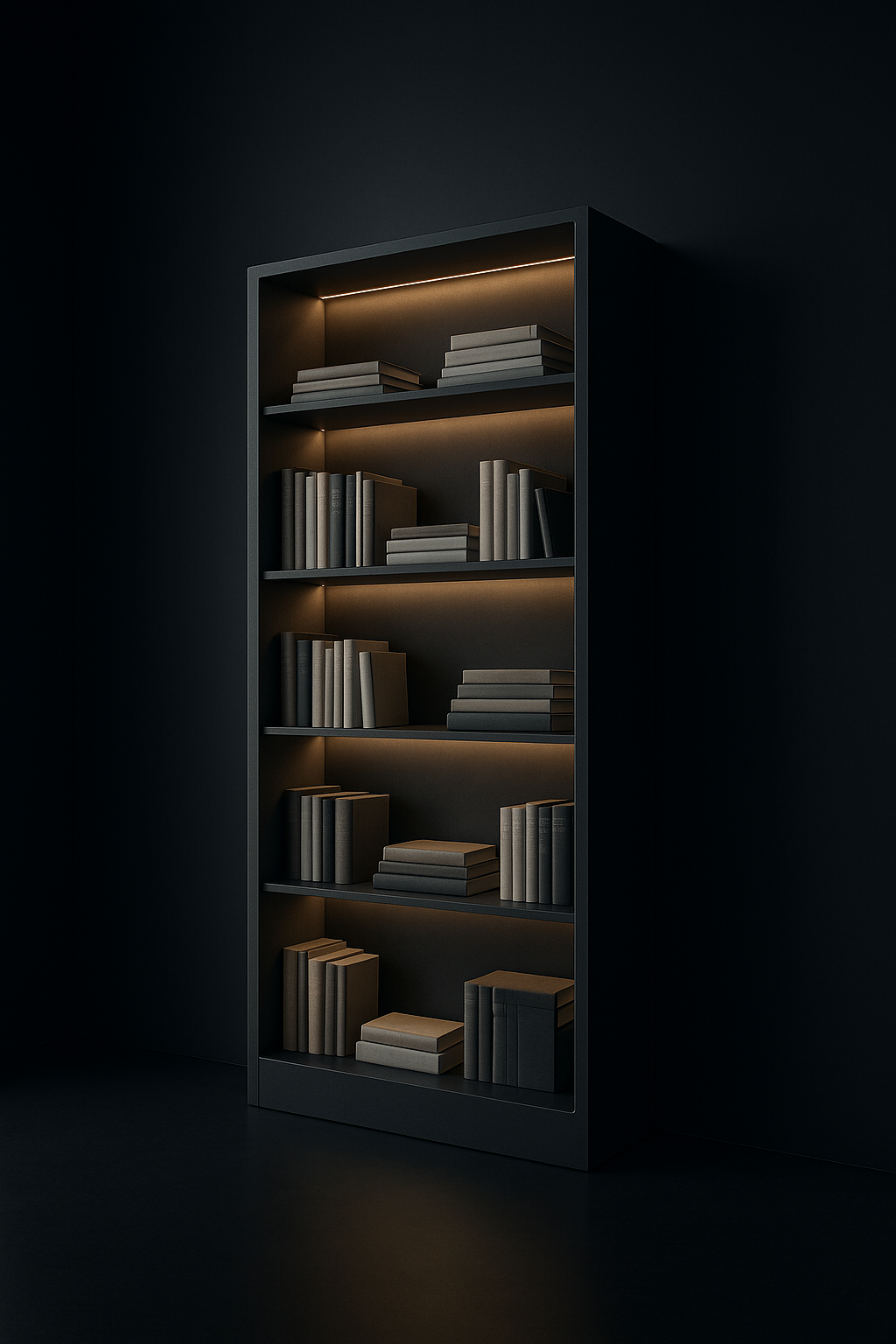 Serra — Tall Library Bookcase in a dark luxury setting