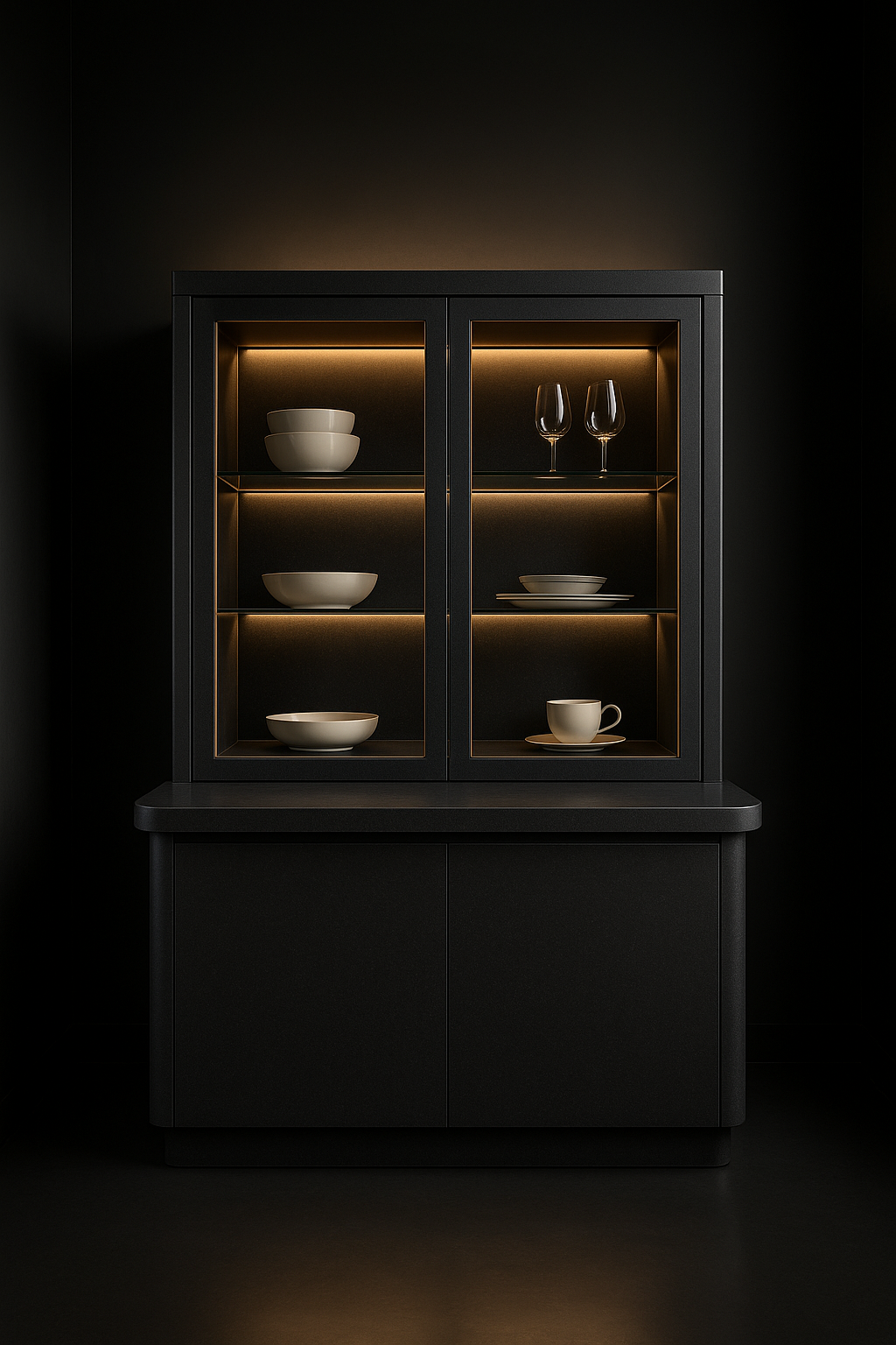 Serra — Crockery Unit With Counter in a dark luxury setting
