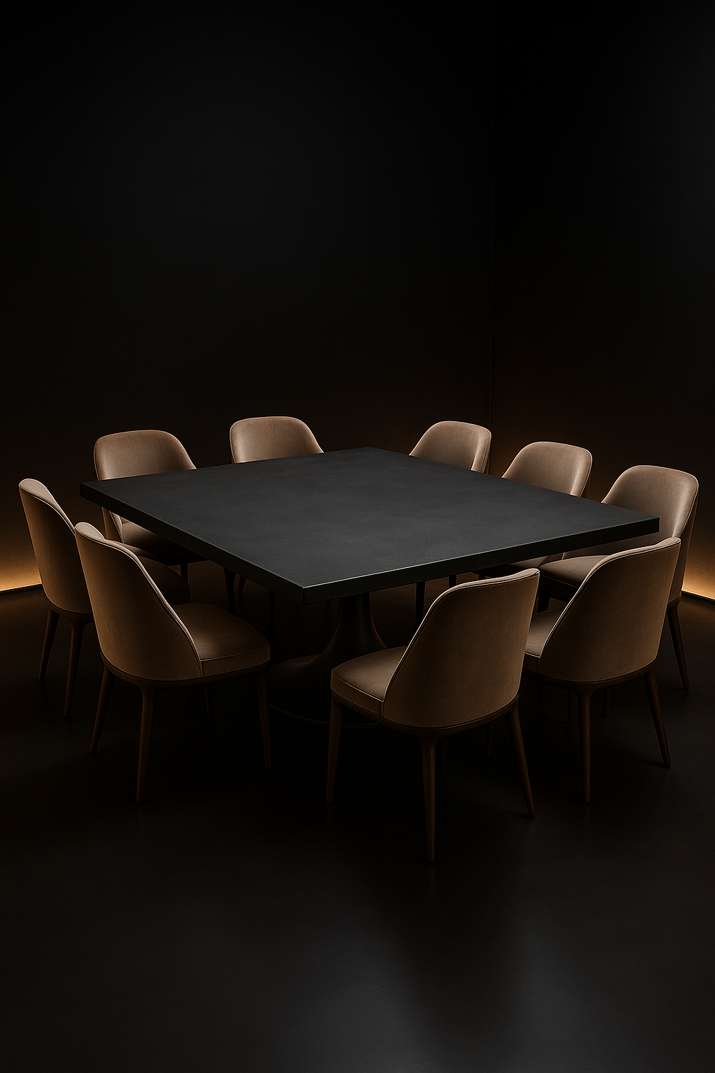 Serra — Square Corian Dining Table in a dark luxury setting