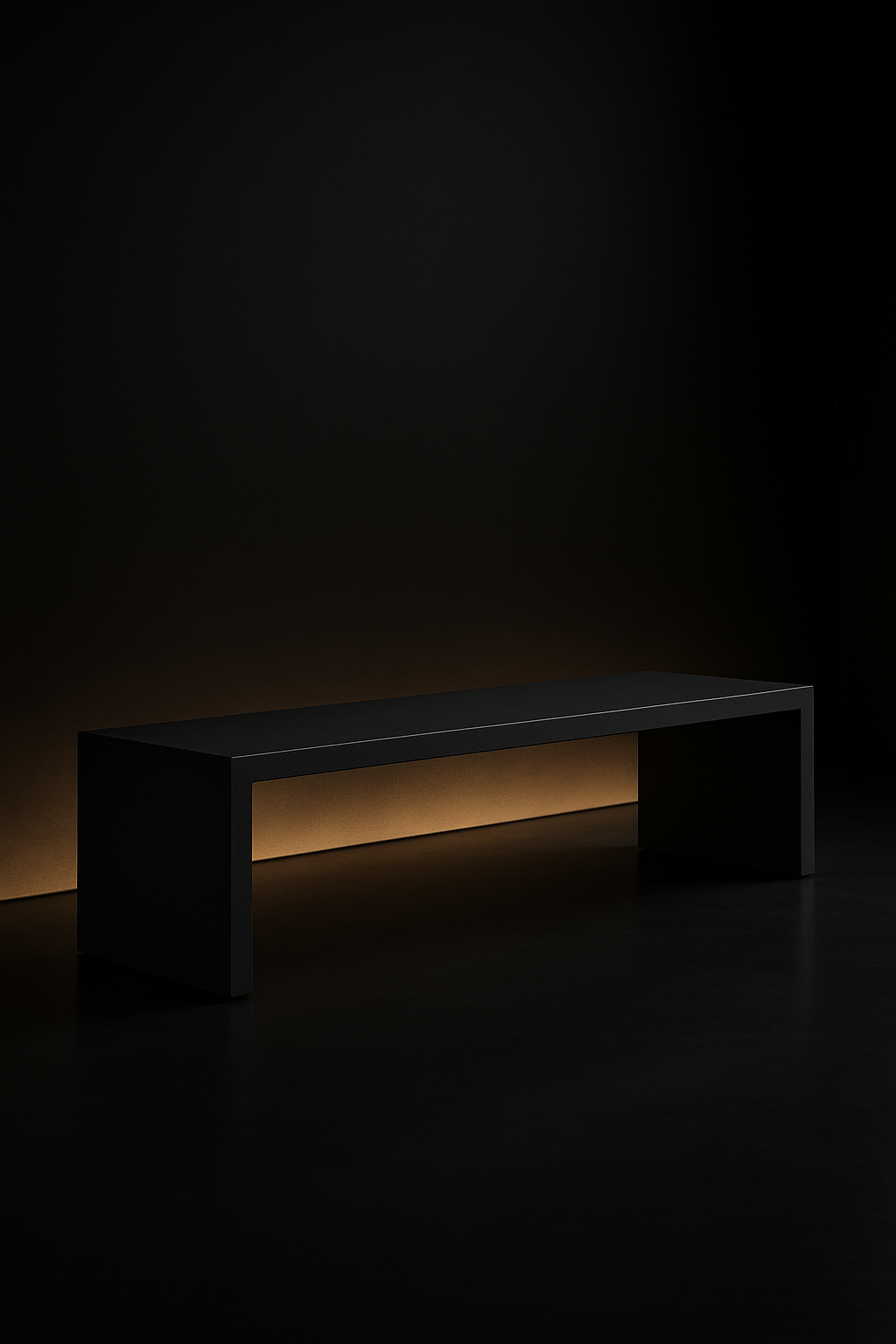 Serra — Low Media Bench in a dark luxury setting