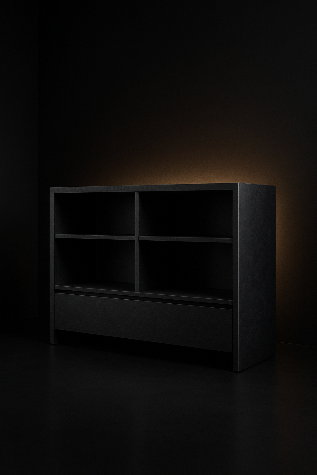 Serra — Console Bookshelf in a dark luxury setting