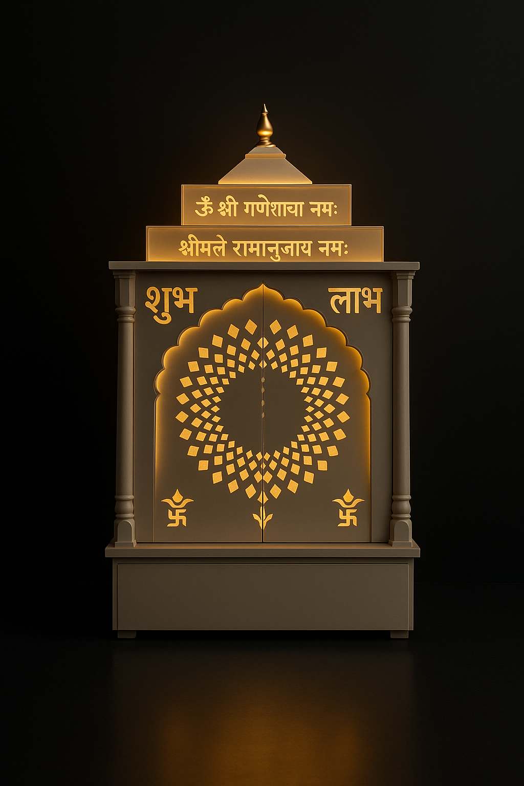 Sleek Corian Home Altar with Pocket Doors and Backlit Deity in a dark luxury setting