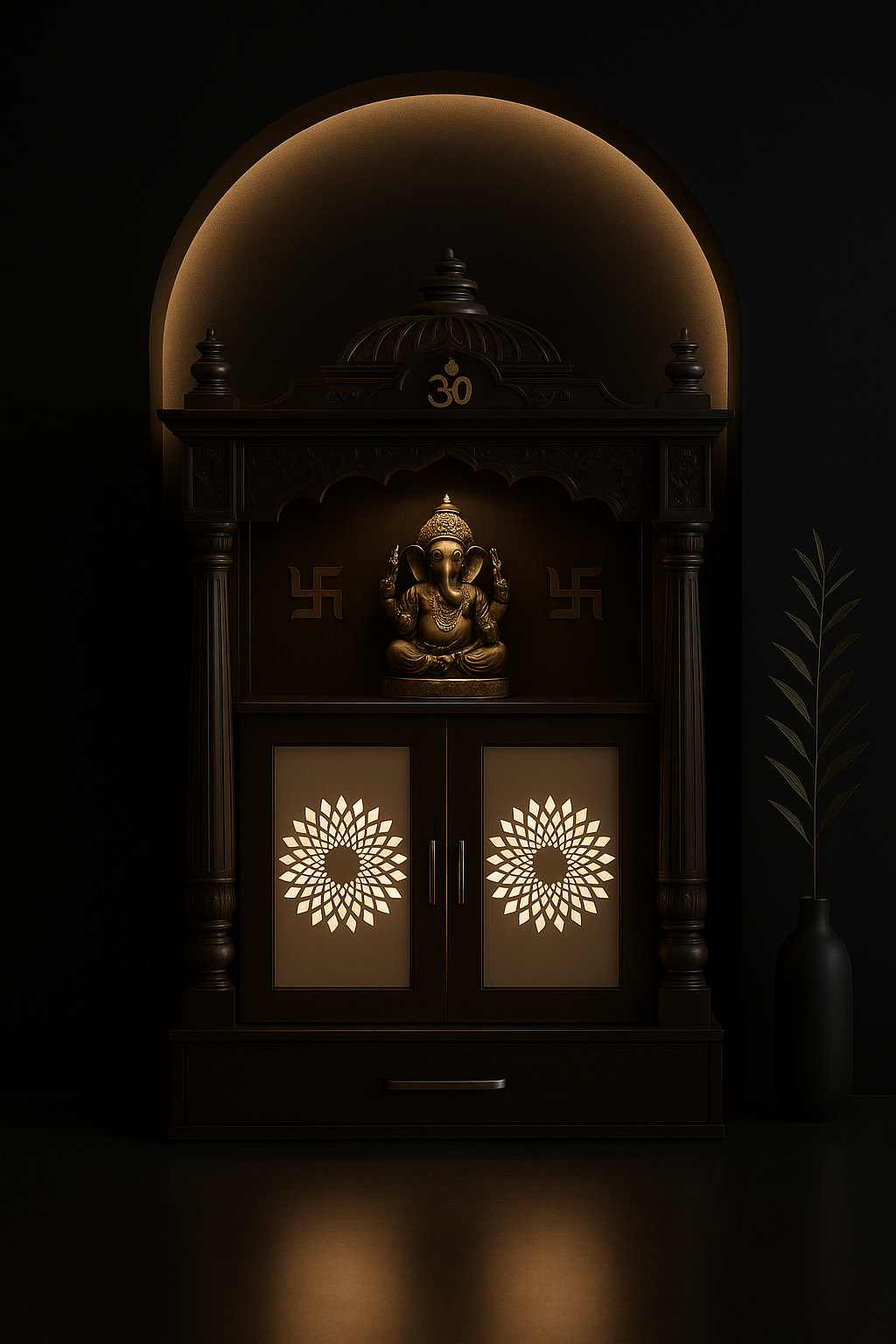 Sleek Wall-Mount Corian Altar with Discreet Pocket Door in a dark luxury setting