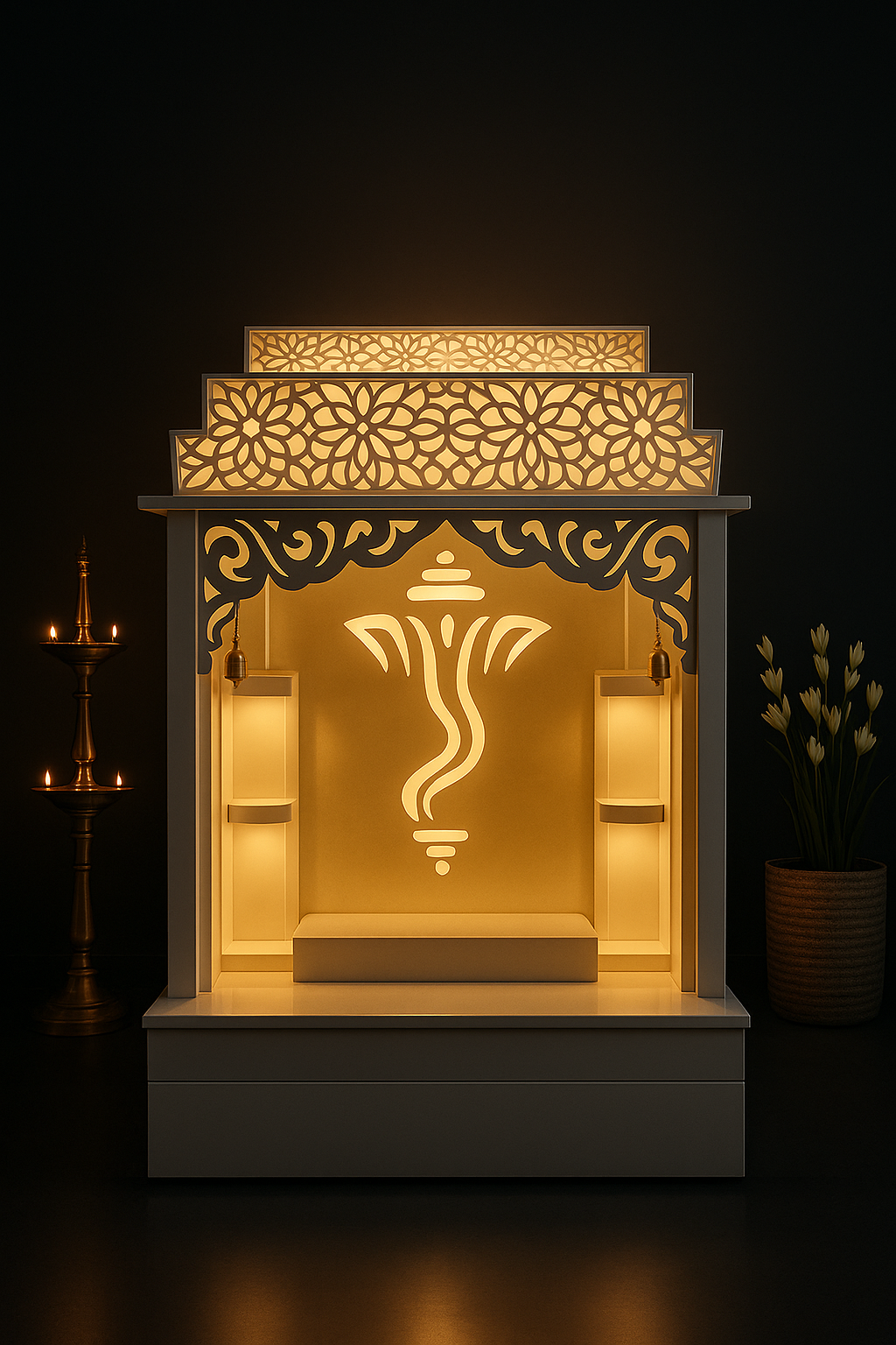 Sleek White Corian Altar: Contemporary Elegance in a dark luxury setting