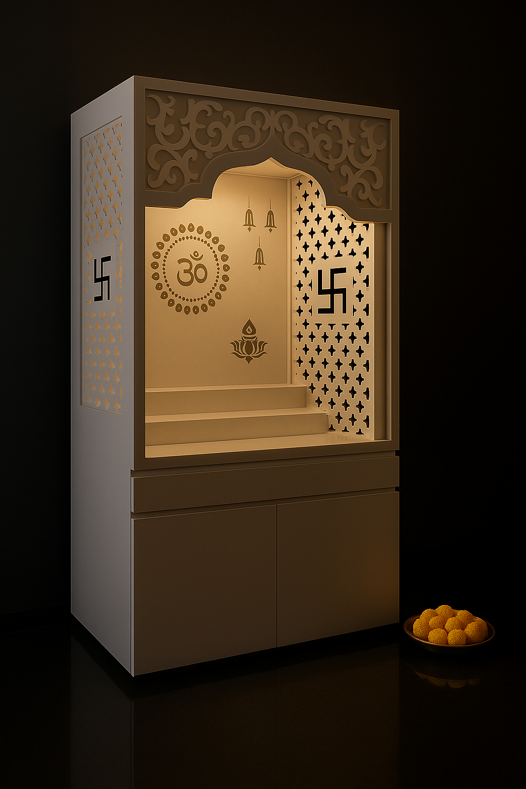 Sleek White Handleless Pooja Unit — Modern Minimalism in a dark luxury setting