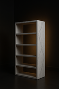 Solace — Freestanding Corian Bookcase in a dark luxury setting