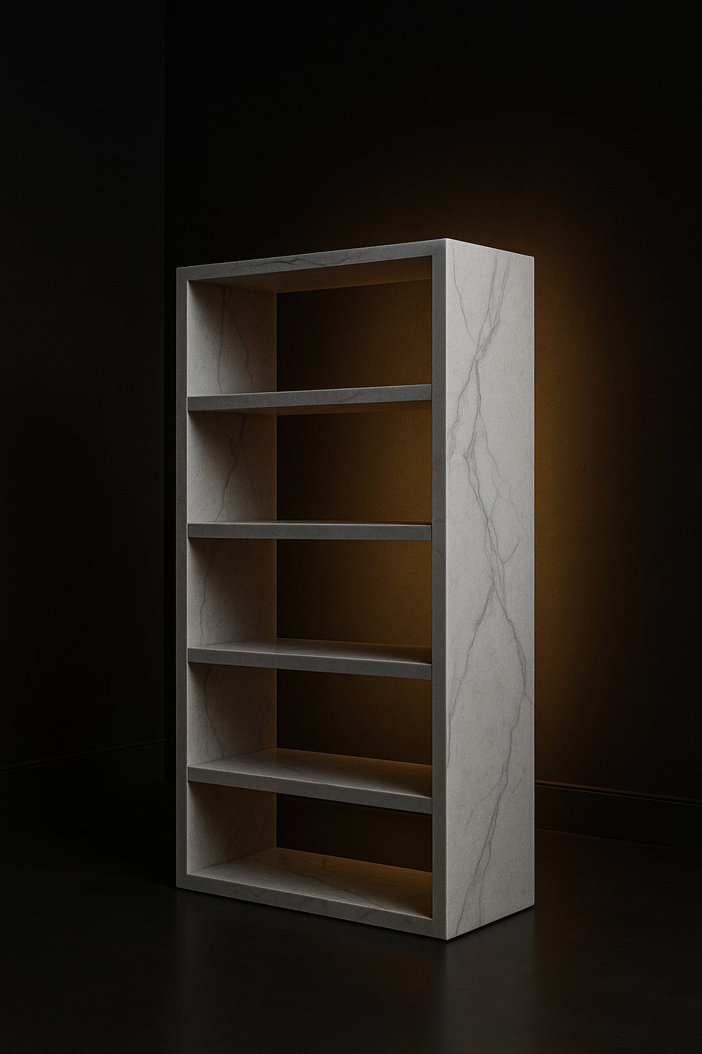 Solace — Freestanding Corian Bookcase in a dark luxury setting