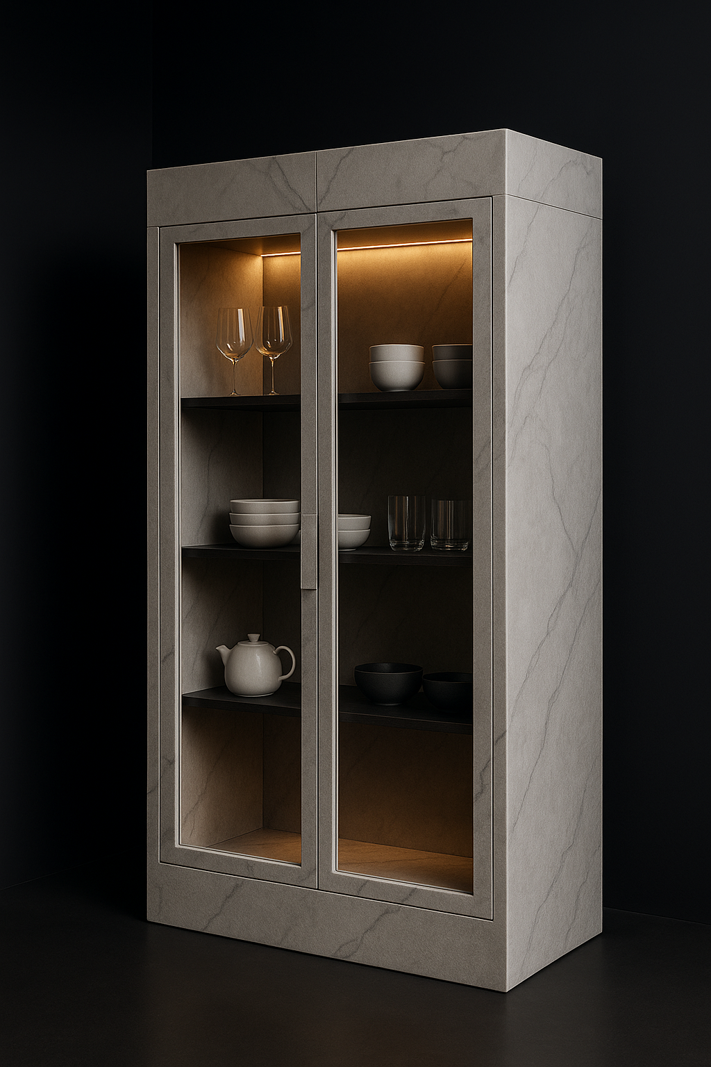 Solace — Glass-Front Crockery Unit in a dark luxury setting