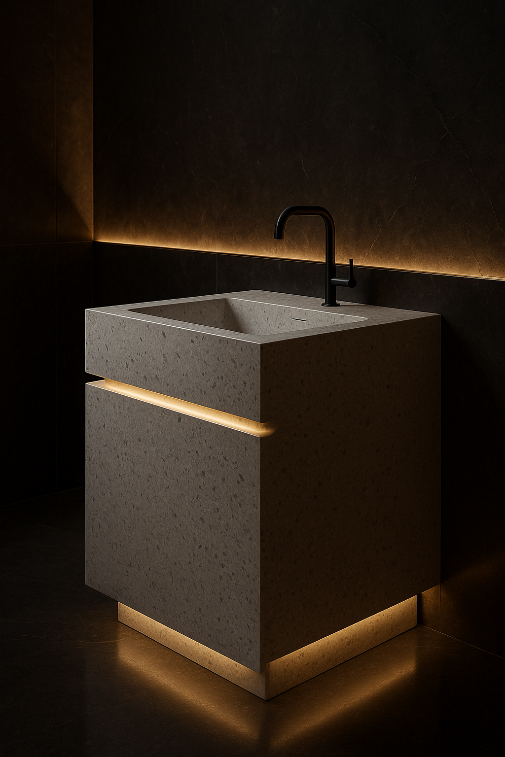 Strata — Freestanding Vanity in a dark luxury setting