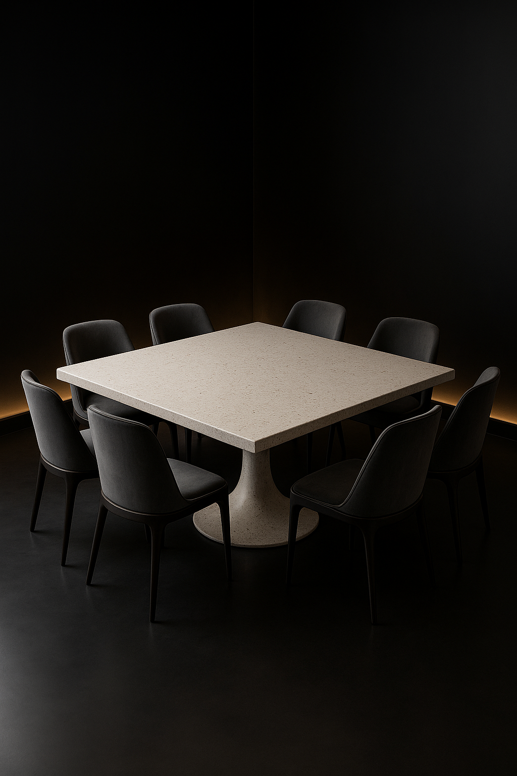 Strata — Square Corian Dining Table in a dark luxury setting