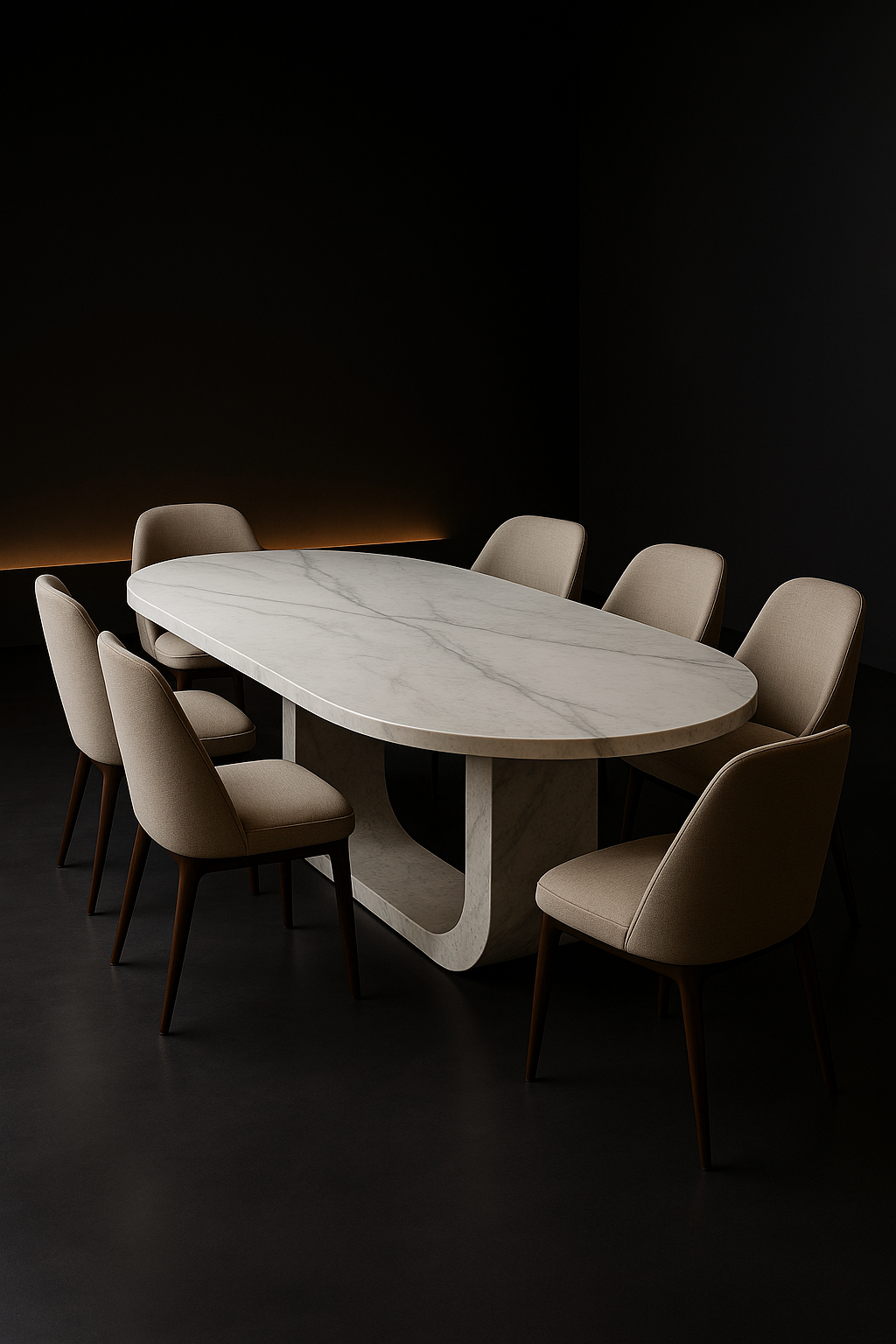 Tundra — Oval Corian Dining Table in a dark luxury setting
