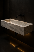 Vault — Trough-Basin Vanity in a dark luxury setting