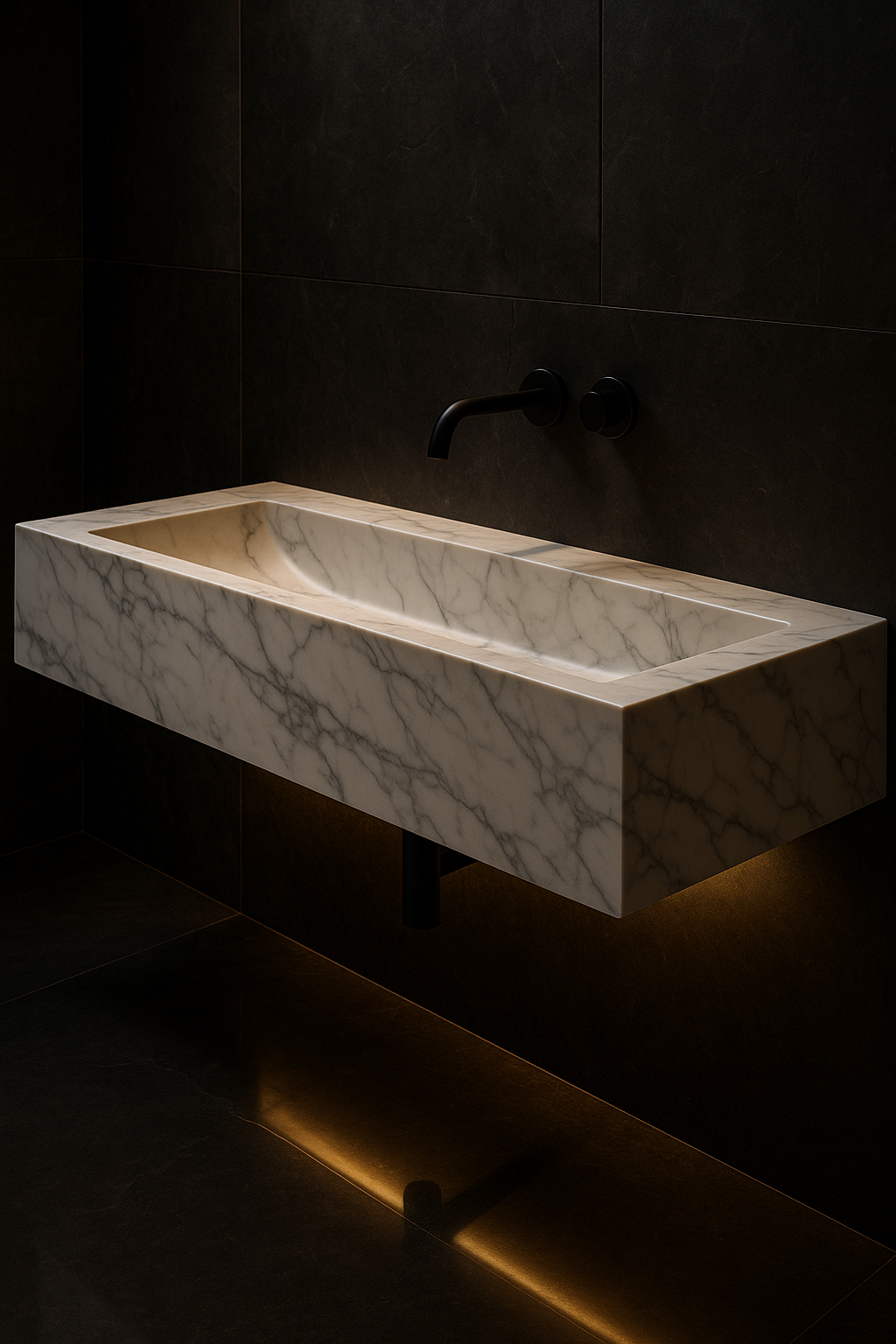Vault — Trough-Basin Vanity in a dark luxury setting