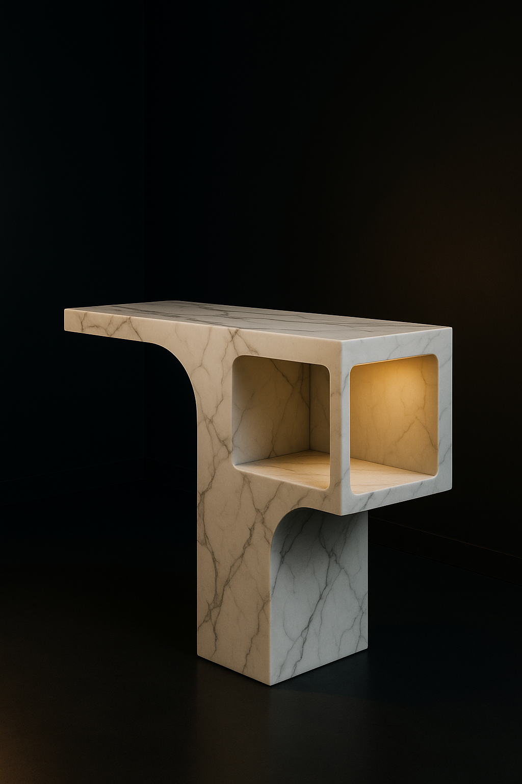 Vault — Sculptural Pedestal Console in a dark luxury setting