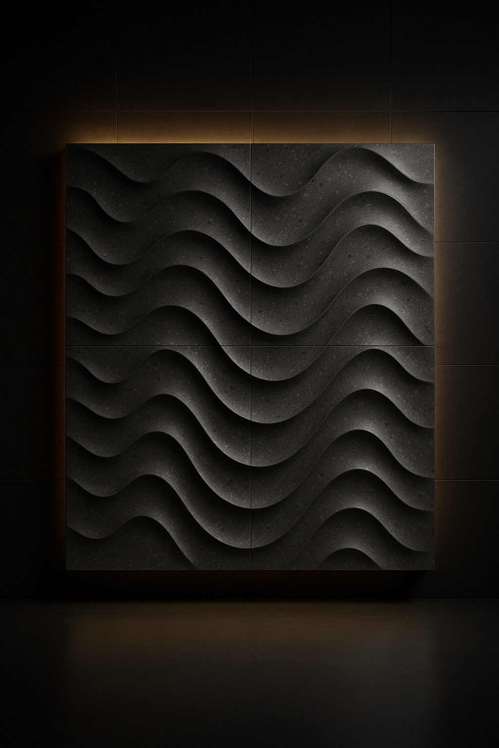 Vela — 3D CNC-Carved Wall Panel in a dark luxury setting