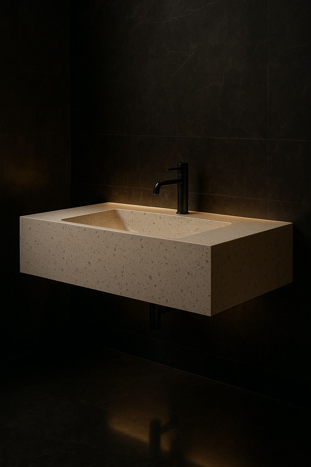 Vela — Single-Basin Floating Vanity in a dark luxury setting