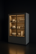 Vela — Glass-Front Crockery Unit in a dark luxury setting