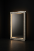 Vela — Backlit Corian-Framed Mirror in a dark luxury setting
