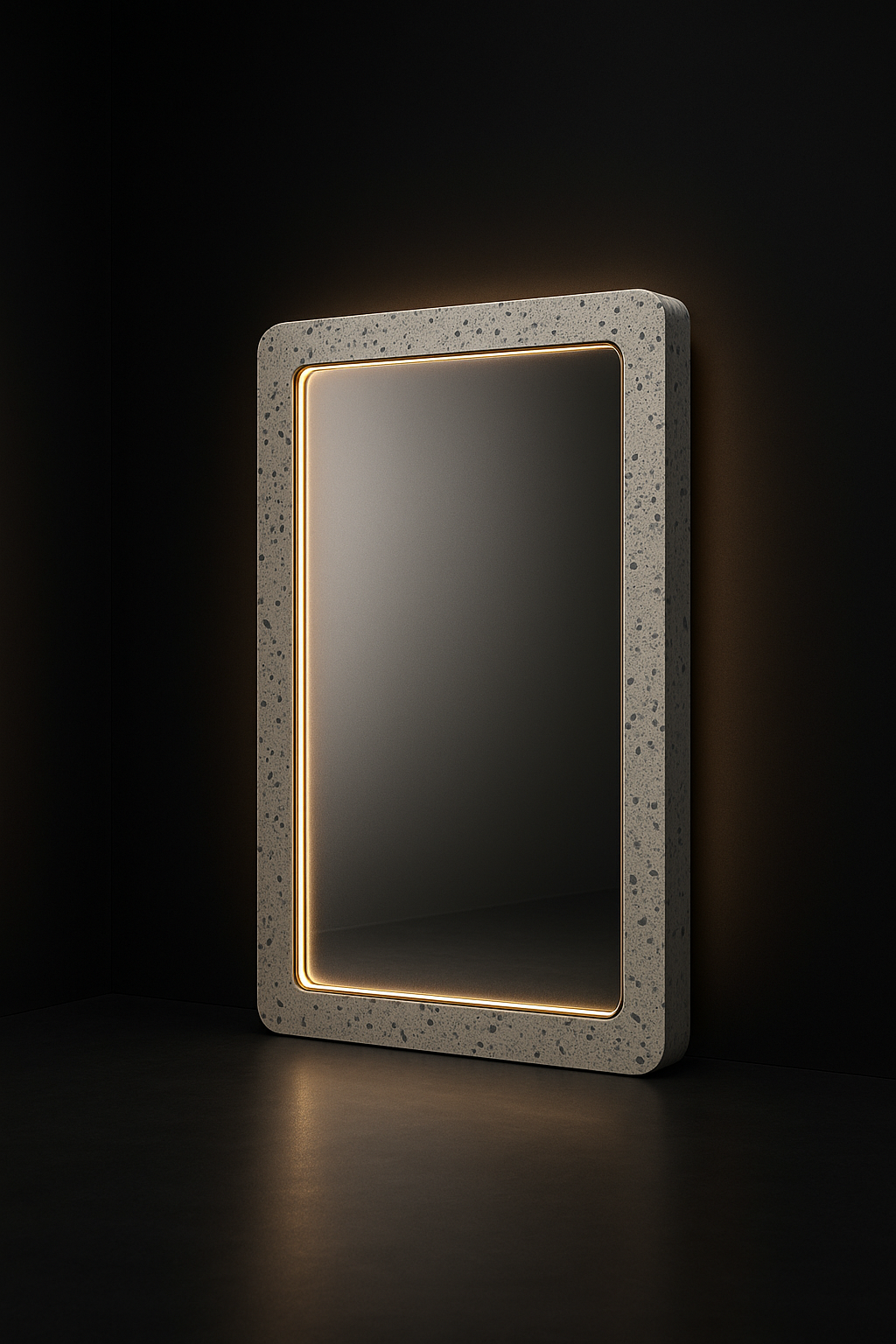 Vela — Backlit Corian-Framed Mirror in a dark luxury setting