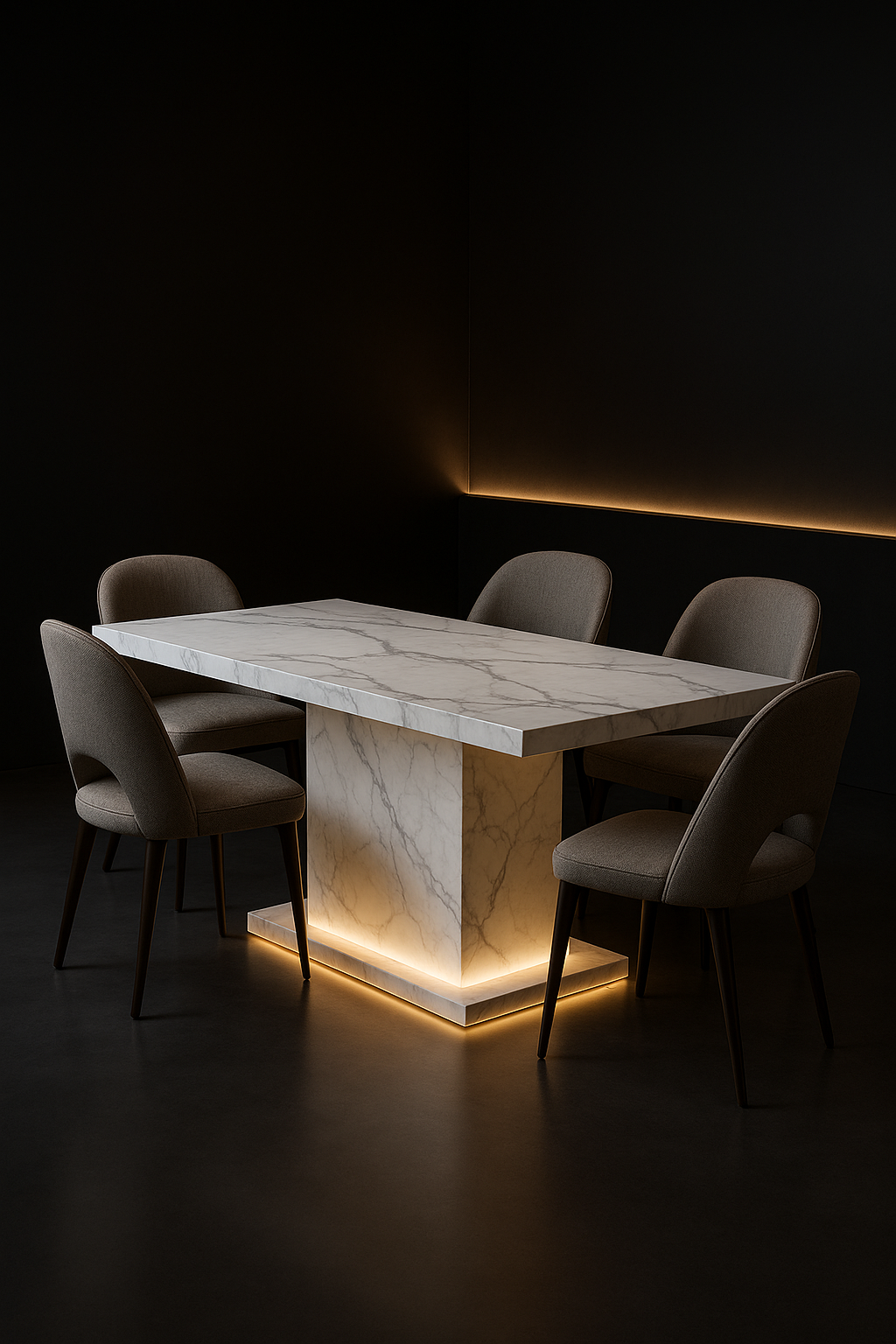 Veneer — Rectangular Corian Dining Table in a dark luxury setting