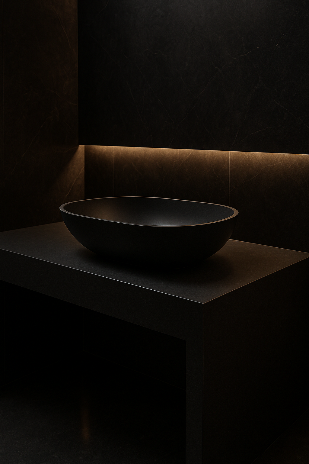 Verve — Vessel-Basin Counter Vanity in a dark luxury setting