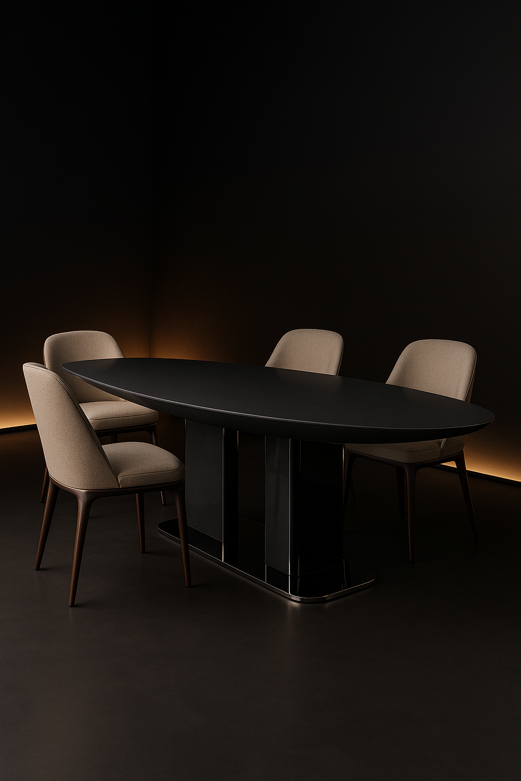 Verve — Boat-Shaped Corian Dining Table in a dark luxury setting