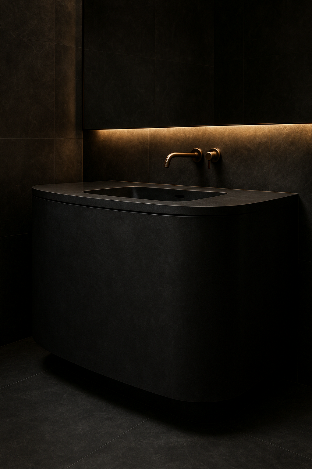 Zephyr — Curved-Front Vanity in a dark luxury setting