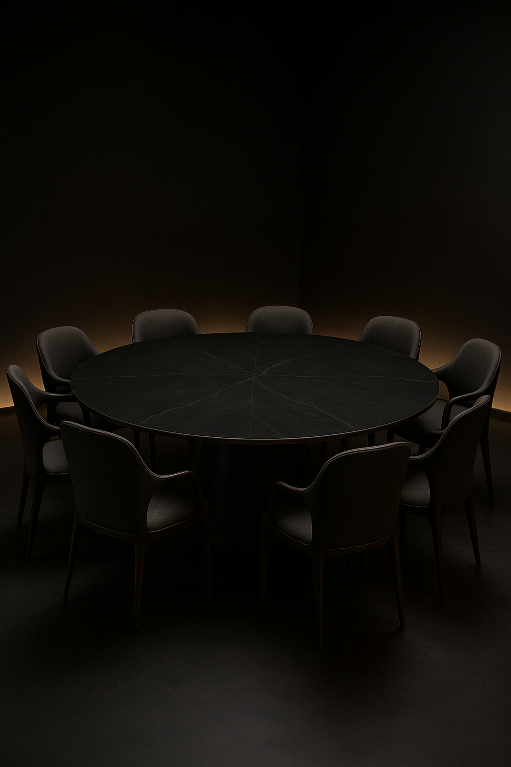 Zephyr — Round Corian Dining Table in a dark luxury setting